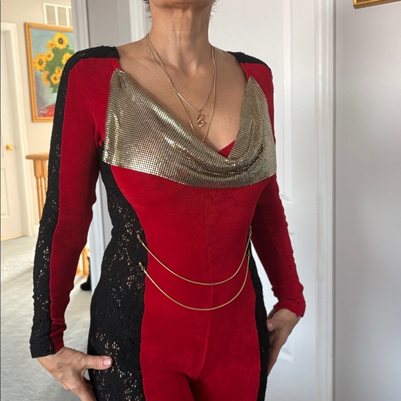 Pants - Red and Black Jumpsuit with Gold Accents